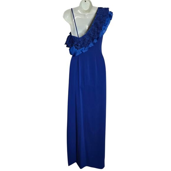 Badgley Mishka Royal Blue One Shoulder Ruffle Evening Gown 2 Formal Wedding - Picture 3 of 16
